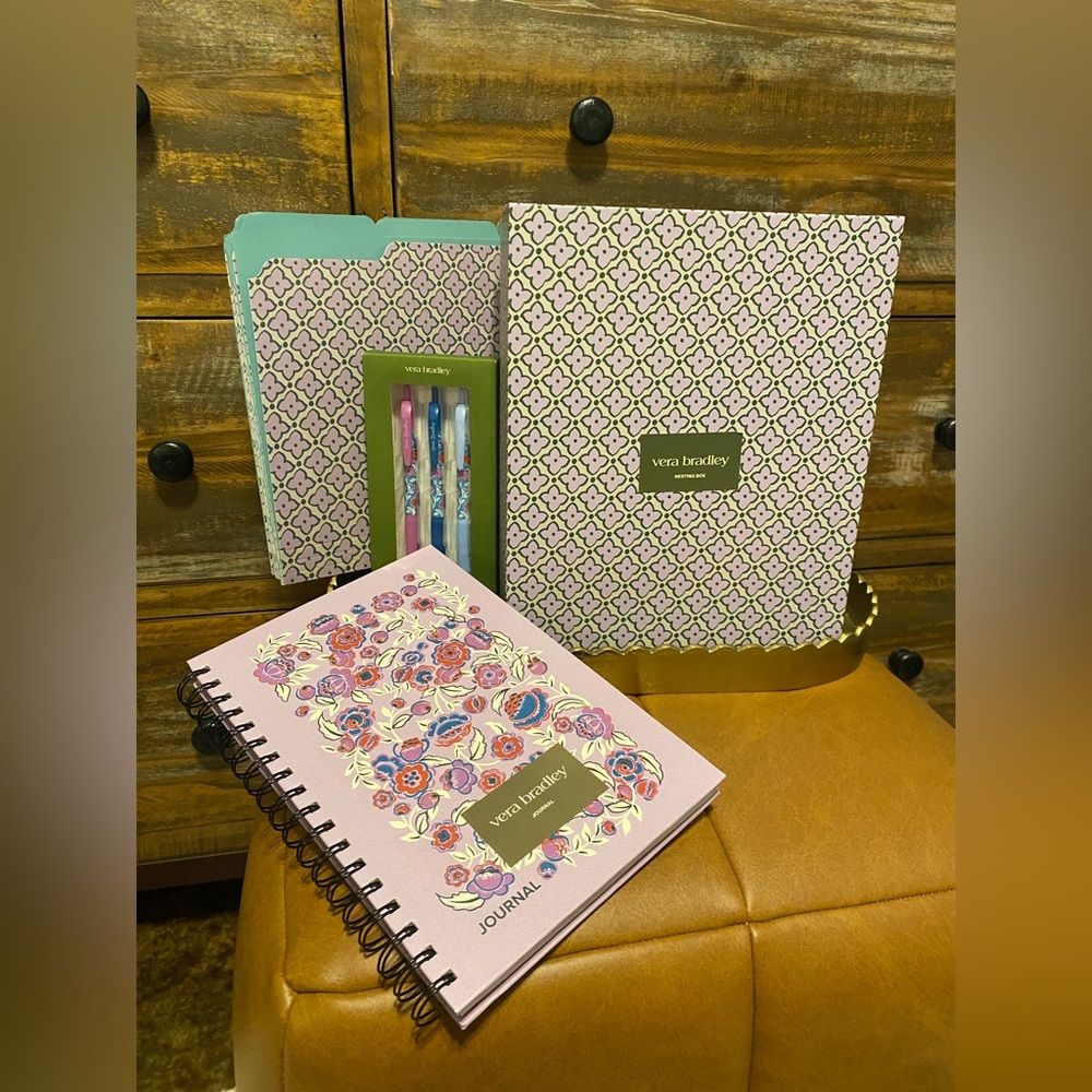 Vera Bradley Floral Pink Journal, Nesting Box, File Folders, and Matching Pens